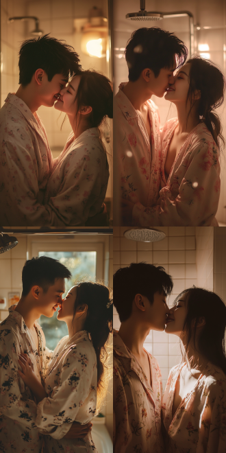 情侣亲吻，卫生间内，睡衣装扮，温馨氛围，柔和光线，广角镜头，自然光，微笑，幸福，粉色系，华人面孔，亲密，浪漫，家居环境，温馨色调，柔焦效果，情感表达，甜蜜氛围。