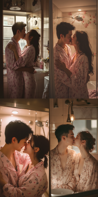 情侣亲吻，卫生间内，睡衣装扮，温馨氛围，柔和光线，广角镜头，自然光，微笑，幸福，粉色系，华人面孔，亲密，浪漫，温馨，柔和，幸福，粉色，亲吻，睡衣，卫生间，自然光，广角镜头。
