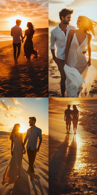 夕阳海滩，恋人牵手，影子拉长，飘逸连衣裙，休闲衬衫，幸福笑容，海景阳光，浪漫主义，4k高清，金色沙滩，温暖色调，广角镜头，逆光，慢动作，温馨浪漫。
