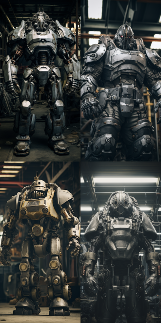 巨型载人战甲维护，仓库背景，工业风格，高细节，中国字样，广角镜头，冷色调，顶光，静态，力量感，金属质感。