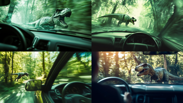 车行驶，副驾位置，车内视角，侧窗拍摄，后视镜里看到恐龙，原始森林，广角镜头，自然光线，动态模糊，绿色调，神秘感。