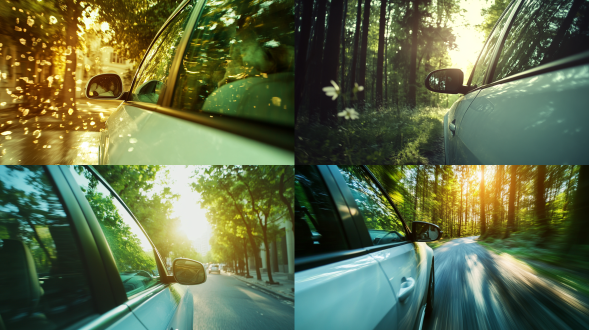 车行驶副驾位置侧窗拍摄童话故事建筑动物穿衣服白色车广角镜头自然光线动态模糊绿色调神秘感4k高清，侧窗视角，广角镜头，自然光，动态模糊，绿色调，童话风格，动物拟人化，神秘氛围。