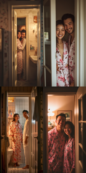 卫生间内情侣，半开门，睡衣装扮，温馨氛围，柔和光线，广角镜头，自然光，微笑，幸福，粉色系，华人面孔，露，亲密，浪漫，半开的门，透过门缝看。