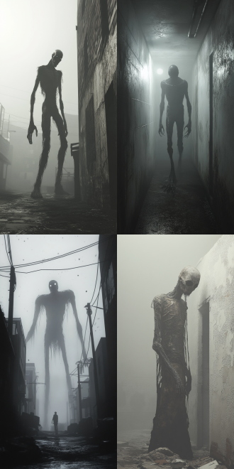 寂静岭，无人都市，灰色调，雾气弥漫，天空下着灰尘，一个破旧卫生的小隔间里，一个长着八支塑料脚玩具人头的大怪物探出头。诡异，紧张，恐怖，8k，