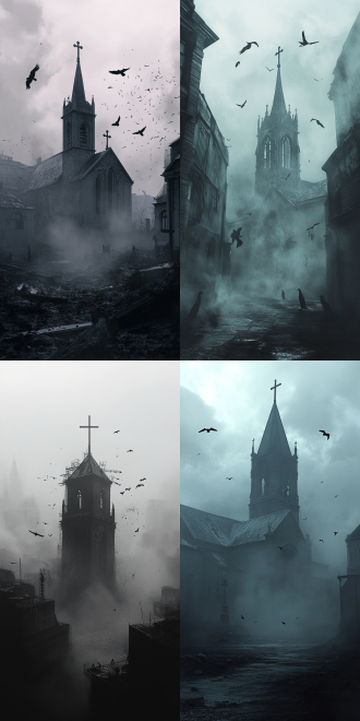 寂静岭，无人都市，灰色调，雾气弥漫，天空下着灰尘，一个教堂在广场中间，教堂房顶有十字架，一群乌鸦在。围着十字架盘圆。诡异，紧张，恐怖，8k，
