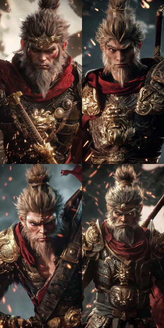 孙悟空，身穿战甲，面对镜头，远景全身像，身披红色披风，手持金箍棒，姿势霸气，火星四溅，金属感，复杂的细节，写实，超现实主义，逼真的皮肤纹理，电影级光照，辛烷渲染，超高清，丰富的细节，8k