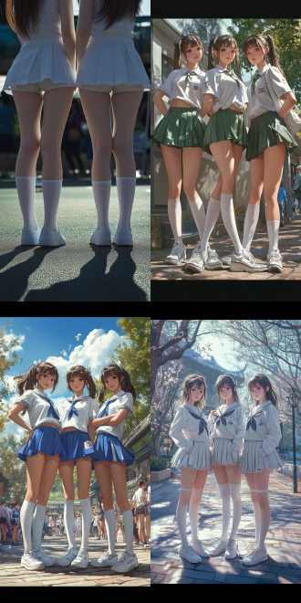学校操场，3个校园美女，女式校服，华人，白色运动鞋，白色长筒袜，广角，真人，细节丰富，皮肤纹理清晰