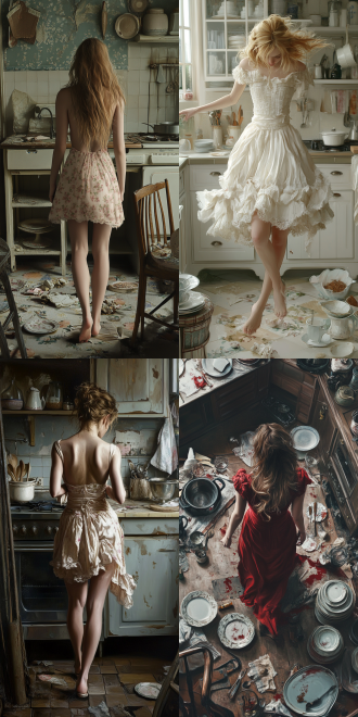 缩小的美女走在人类生活区，比如步行在饭桌上，看周边餐具都很大。步行在厨房，身边厨具都成了巨物！