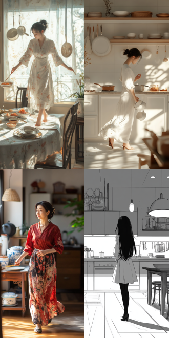 缩小的美女，华人，和一根筷子一样高度，步行在饭桌上，看周边餐具都很大。步行在厨房，身边厨具都成了巨物！