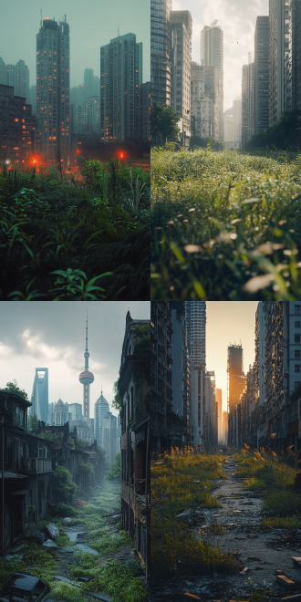 人类消失的城市，外滩，人类消失了十年后的景象，野生动物在马路上活动，到处长满了野草，没有人类活动的迹象，昏暗的城市，电影级别，光线对比强烈，8k