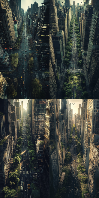 人类消失十年后的城市，外滩，马路上有野生动物在马路上活动，到处长满了野草，没有人类活动的迹象，昏暗的城市，电影级别，光线对比强烈，8k，