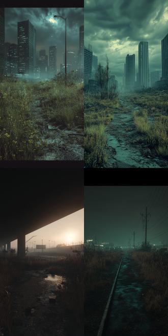 消失的城市，飞机场，十年后，野生动物，马路，野草，无人类，昏暗，电影级别，光线对比强烈，8k，广角镜头，侧光，高对比度，荒凉，废弃，自然回归，寂静，末世风格。