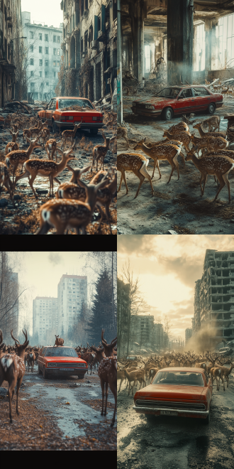 废弃的城市，马路上很多鹿在觅食，一辆红色轿车突然闯进鹿群，鹿群四处逃窜，运动模糊，电影级别，光线对比强烈，8k，广角镜头，侧光，高对比度，荒凉，废弃，自然回归，寂静，末世风格。