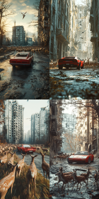 废弃的城市，马路上很多鹿在觅食，一个人驾驶着一辆现在时代的红色跑车突然闯进鹿群，鹿群四处逃窜，运动模糊，电影级别，光线对比强烈，8k，广角镜头，侧光，高对比度，荒凉，废弃，自然回归，寂静，末世风格。