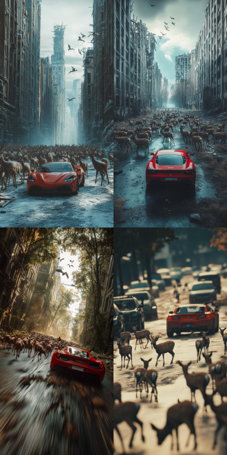 废弃的城市，马路上很多鹿在觅食，一个人驾驶着一辆现在时代的红色跑车，从鹿群中穿过去，鹿群四处逃窜，运动模糊，电影级别，光线对比强烈，8k，广角镜头，侧光，高对比度，荒凉，废弃，自然回归，寂静，末世风格。