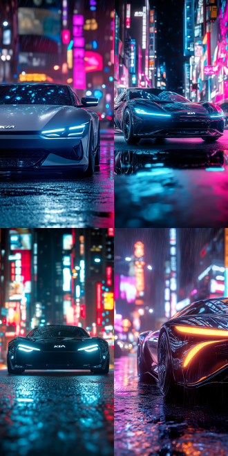 起亚2024款汽车，流线型设计，科技感十足，城市夜景，车头灯明亮，车身反射霓虹灯光，低角度拍摄，广角镜头，hdr效果，冷色调，动态模糊，未来感，自信。