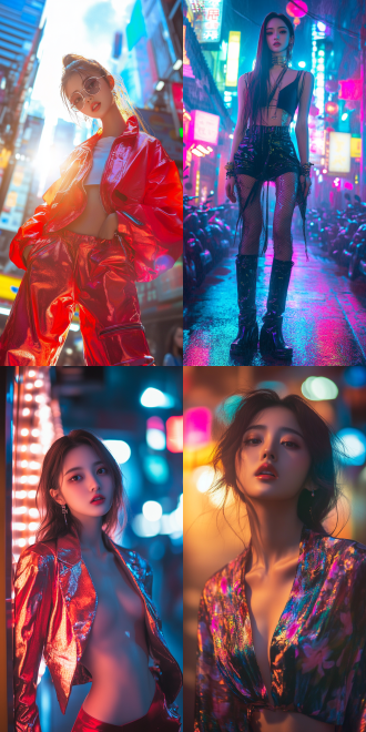 新时代华人美少女，时尚另类全身像，都市街头，高饱和色彩，超广角镜头，逆光，动态模糊，自信微笑，未来感，金属光泽，活力四射。
