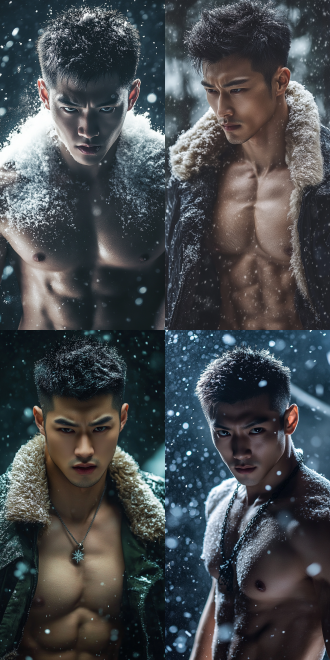 雪中狼人帅哥，华人年轻肌肉，唯美风格，雪地背景，逆光，广角镜头，柔和光线，冷色调，肌肉线条，专注眼神，雪粒细节，神秘感。