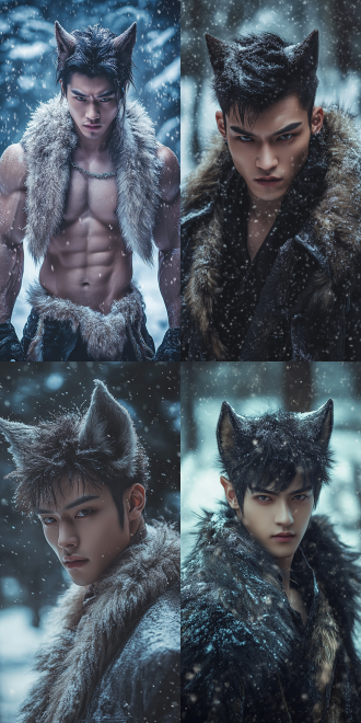 雪中狼人帅哥，尖尖耳朵，华人年轻肌肉，唯美，对称构图，雪景，冷色调，长焦镜头，逆光，慢快门，静谧，神秘。