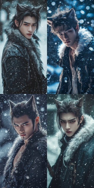 雪中狼人帅哥，尖尖耳朵，华人年轻男子，全身像，远景，唯美风格，肌肉线条，雪地背景，冷色调，长焦镜头，逆光，柔和光线，静态，神秘感，冷峻表情。