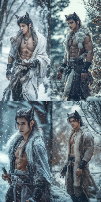 雪中狼人帅哥，远景全身像，尖耳朵，华人年轻肌肉，唯美风格，白天雪地，广角镜头，柔和自然光，冷色调，优雅站立，神秘感，力量与柔美并存。