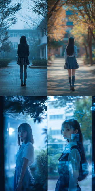 华人少女，透明人，校服，隐身，只能看到衣服，半透明效果，校园背景，柔和光线，长焦镜头，静态，神秘感，蓝色调，孤独。