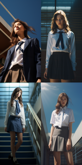 隐形人，只看到衣服，女，校服，长筒袜，对角线构图，校园环境，暖色调，广角镜头，侧光，静态，神秘感，蓝色与白色，好奇与探索。