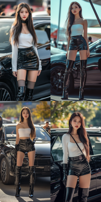 黑色皮短裙黑色长筒靴白色上衣夏天女华人长发车模现在汽车旁边，对称构图，高光阴影对比，户外车展，冷色调，长焦镜头，逆光，自然光，微笑，自信，时尚。