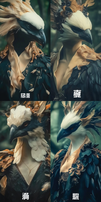 鸟头人身，半身像，神秘氛围，森林深处，冷色调，长焦镜头，逆光，柔和光线，沉思，羽毛细节，深邃眼神，神秘感。