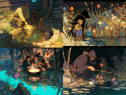 帮我生成一张图片：一家老三代在河边，清水流过，植物在黑土的滋润下已经长得像普通人一样高，紫色的狗和黄色的猿猴愉快的在玩耍，锅里还在蒸着白面，过了一会儿牵了条骨架犬哼着爱情歌说这就是青春经过一滩死水，里面的一条虚化犬在苦苦挣扎你感叹着阎王爷马上就要来收走他的生命了。你不忍心看这么久快步回到家。打开了你最爱看的动画五灵王和艾斯奥特曼。虽然你早已经有小胡子，但依旧童真。天不久就黑了。红夜带土壤的气息袭入你的房子