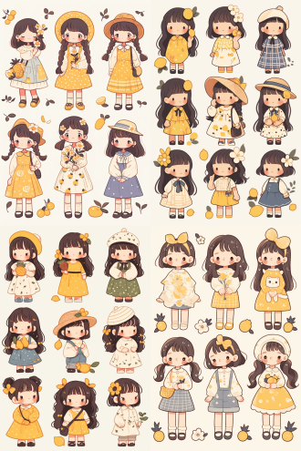 q版可爱卡通形象女孩贴纸，穿着不同服装，花朵，面包，菠萝，柠檬，简单画法，干净线条，形象可爱，矢量风格，白色背景，高分辨率，卡通贴纸设计