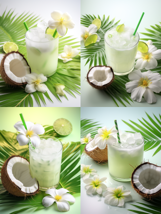 打开的绿色椰汁，吸管花朵，冰块水波纹，3d可爱风格，明亮色彩，冷暖对比，白色背景，极简画面，c4d 3d建模，oc渲染，中心构图，低角度，超广角，8k，清新色彩，轻松情绪，夏日风情。