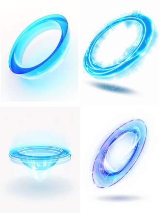 蓝色圆圈光环图标，倾斜透视，卡通风格，白色背景，简洁设计，尺寸256x256像素，全息投影效果，明亮色彩对比，未来主义，几何形状，动态光影，抽象元素，神秘感，视觉焦点。