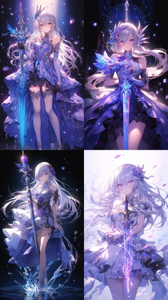 手持长剑的魔法少女，蔷薇发饰，白色及腰长发，蓝紫色燕尾礼裙，胸前一颗蓝蔷薇形状的水晶，紫色尖头高跟鞋与蓝紫渐变的丝袜。华丽的特效，光线追踪，cg