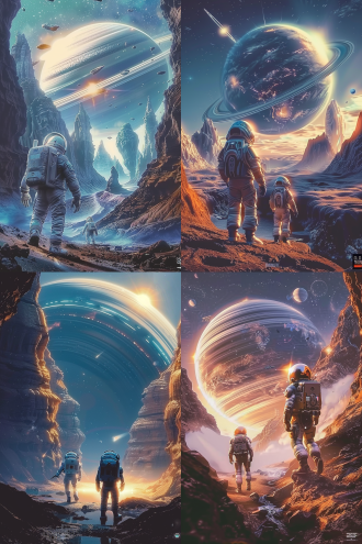 航天员探索外星，宏大场景，冷色调，16k画质，超广角镜头，逆光，科幻风格，漂浮，好奇，孤独。