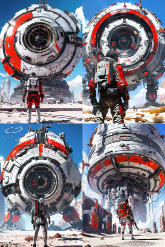 宇航员面对外星机械，中心构图，未来感场景，冷色调，金属质感，16k画质，长焦镜头，逆光，站立，神秘。