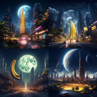 狗头香蕉太空奇幻，赛博朋克城市背景，月亮夜晚，超高分辨率，中心构图，冷暖色调对比，广角镜头，柔和侧光，动态模糊，科幻元素，神秘感。