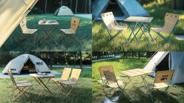 露营帐篷，桌椅，桌椅与配图相同，青绿色草地，小清新感觉，桌椅特写，中景，大片