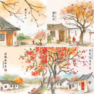 中国水彩风，清新乡村，柔和色彩，细腻笔触，宁静温馨，盛开花树，人物活动，中国书法，雨水字体，传统氛围，自然光，长焦镜头，细节丰富，和谐色调，平静情感。