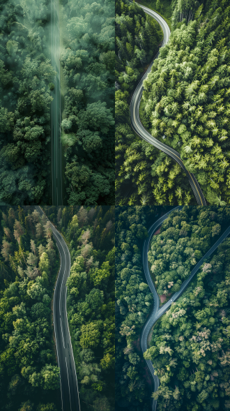 森林公路俯视图，横版布局，自然风光，广角镜头，清晨光线，柔和色调，新能源汽车行驶，宁静氛围，绿色生态，清晰细节。