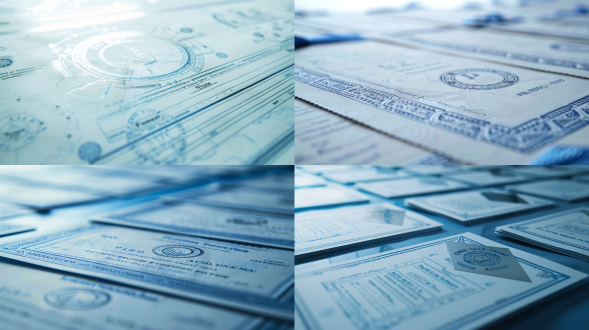 专利证书排版，简约高级，十张证书，对称布局，白色背景，长焦镜头，柔和光线，静态展示，专业感，蓝色调。