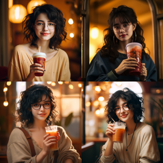 黑发少女喝奶茶，半身，红框眼镜，可爱波西米亚风衣服，成熟，温柔，暖色，特写镜头，柔和光线，室内，暖色调，自然光，微笑，温馨，舒适。