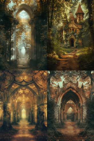 童话绘本风建筑与魔法树，对称构图，梦幻氛围，森林环境，长焦镜头，暖光，梦幻色彩，静谧治愈，奇幻元素。