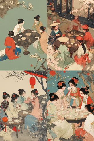 中国古代女人围坐在东方阁楼里面喝茶聊天，春天