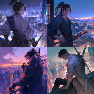 穿着华美的少年俯视城市，意气风发，身背寒剑，中国风城市风现代风