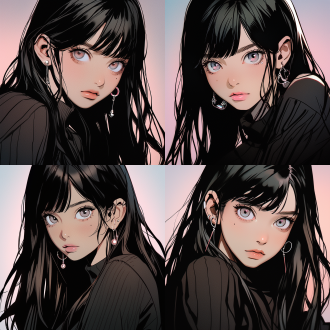 身材，美丽的亚洲女孩，一个有着黑色长发的女孩，极其美丽的面部细节和精致的眼睛，清晰立体的五官，20世纪70年代的港风动漫，腰部以上，日本漫画风格