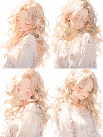 可爱的青年女性，极简主义，简单的细节，平涂风格，卡其色头发，浅粉色睡裙，表情温柔，闭着眼睛，柔光。