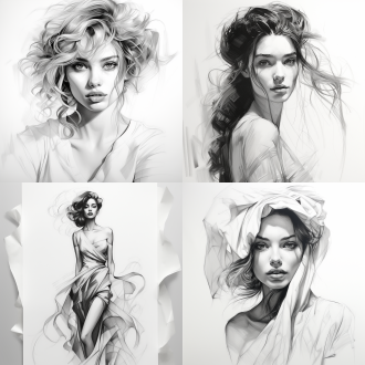 简笔画美女，黑白风格，简约构图，纸张上，铅笔线条，轮廓清晰，艺术创作，灵感激发。素描，细节，手绘，造型，灵感，光影，表情，柔和，优雅。