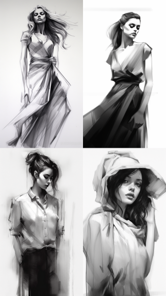 简笔画美女，黑白风格，简约构图，纸张上，铅笔线条，轮廓清晰，艺术创作，灵感激发。素描，细节，手绘，造型，灵感，光影，表情，柔和，优雅。