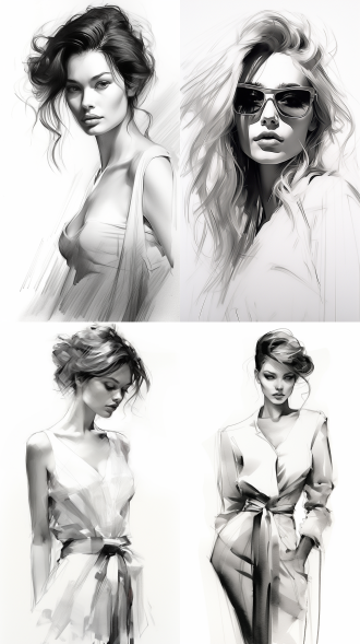 简笔画美女，黑白风格，简约构图，纸张上，铅笔线条，轮廓清晰，艺术创作，灵感激发。素描，细节，手绘，造型，灵感，光影，表情，柔和，优雅。